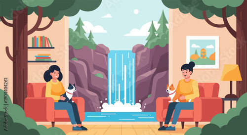 Cozy room with people, dogs, and a scenic waterfall view