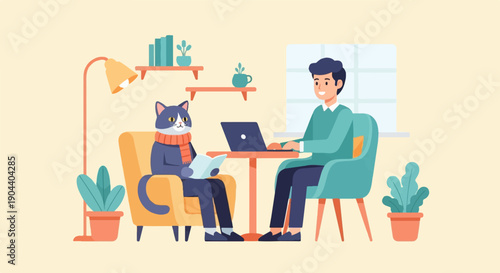 Cozy scene of a cat reading and a person working on a laptop
