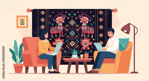 Cozy scene of a couple working on laptops in a living room with art