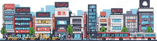 Vibrant cityscape illustration featuring buildings, trees, and signs from a street-level viewpoint