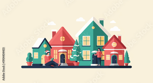 Cozy winter village scene with people and festive decor