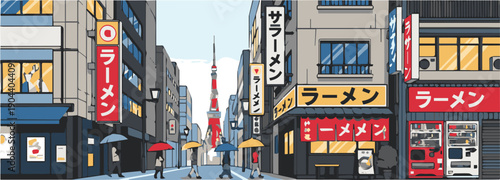 Cityscape illustration of a bustling street scene with neon signs in Tokyo at dusk from a street-level viewpoint