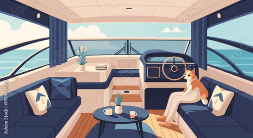 Cozy yacht interior with dog lounging by the helm, ocean view
