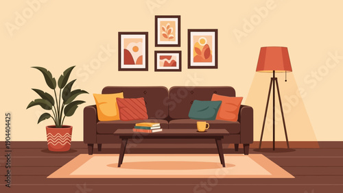 Cozy living room interior with comfortable sofa and stylish decor elements.