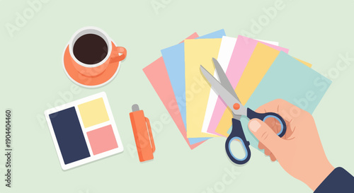 Crafting supplies paper, scissors, coffee cup, marker, and color palette