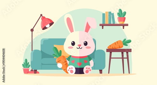 Cute cartoon bunny sits on floor in living room with carrots
