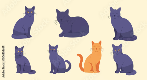 Diverse cats with yellow eyes on a light yellow background