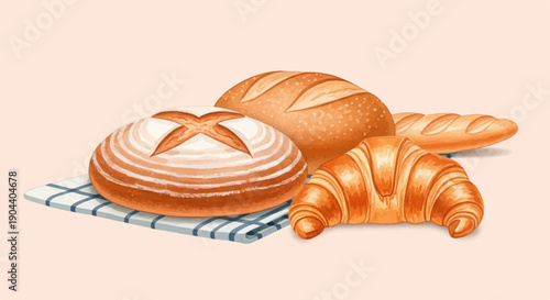 Delicious assortment of freshly baked bread and croissant