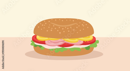 Delicious bagel sandwich with fresh toppings on a light pink surface