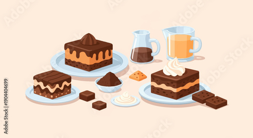 Delicious chocolate desserts and ingredients arranged on a pastel background