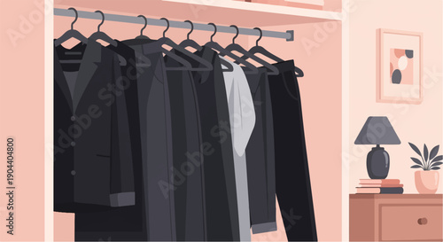Dark-colored suits and pants hang neatly on hangers in a closet