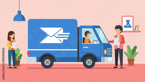 Delivery truck with mail symbol picks up documents from two people
