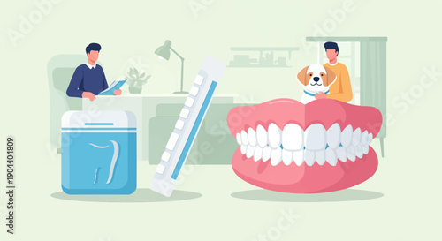 Dental hygiene, including floss, toothpaste, a smiling dog, and healthy teeth