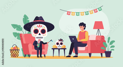 Day of the Dead themed living room scene with skulls and a person working on laptop