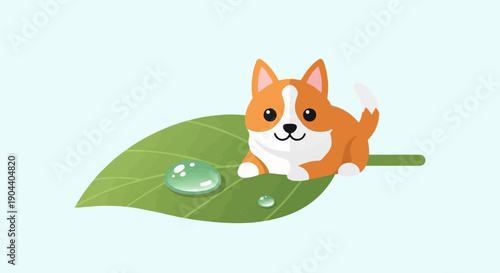Cute cartoon puppy with droplets on a green leaf against a pale blue background