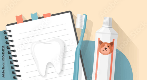 Dental hygiene items including a notebook, toothbrush, and toothpaste with a dog design