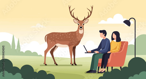 Deer with couple working on laptop outdoors under lamp