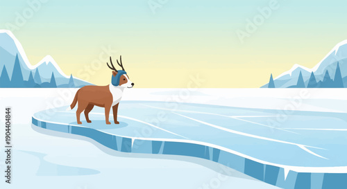 Cute cartoon reindeer with antlers and ear muffs stands on icy terrain