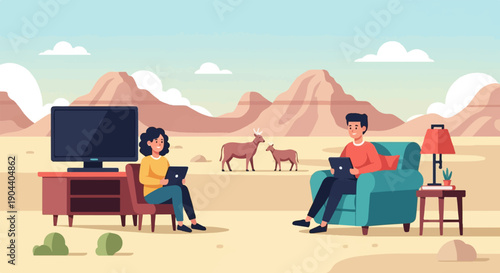 Desert dwelling couple uses tablets while deer graze outside their home
