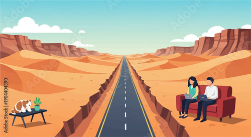 Desert landscape with a road, two people on a couch with laptops, and a dog