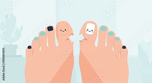 Cute cartoon toes with painted nails, one toe chipped, light blue background