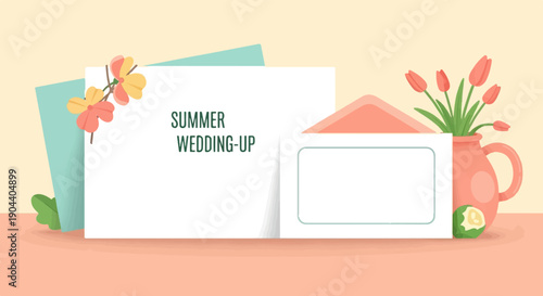 Delicate floral accents enhance a wedding invitation and vase of tulips