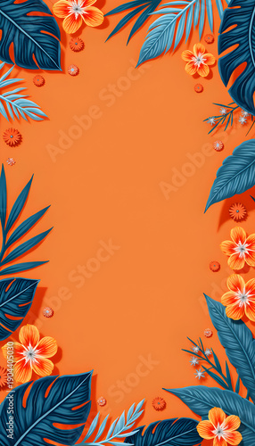 Vibrant orange background adorned with an intricate pattern of blue and orange tropical leaves and flowers, rich shades and textures creating a visually appealing contrast, seamless decorative design
