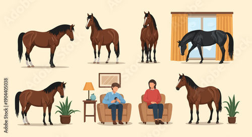 Digital art of horses and people in domestic and indoor settings