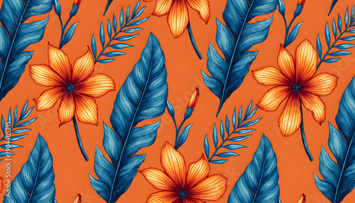 Vibrant orange background adorned with an intricate pattern of blue and orange tropical leaves and flowers, rich shades and textures creating a visually appealing contrast, seamless decorative design