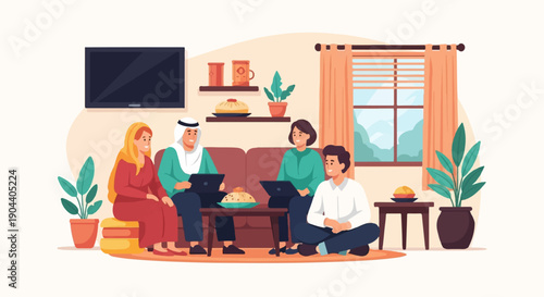 Diverse group collaborates on laptops in a cozy living room