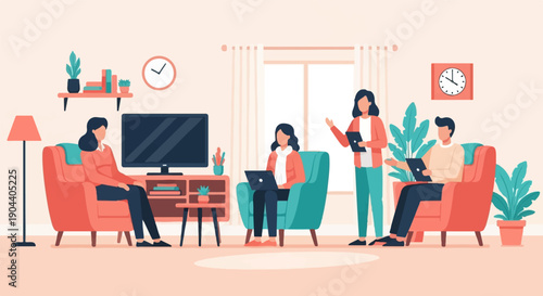 Diverse group collaborates with laptops and tablets in a modern living room