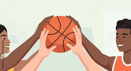 Diverse hands of people holding a basketball together, teamwork, sport