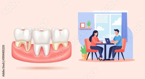 Diseased teeth with a root canal and two people discussing dental health