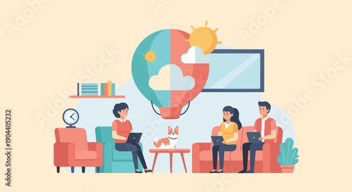 Diverse group works remotely with a dog and a hot air balloon graphic