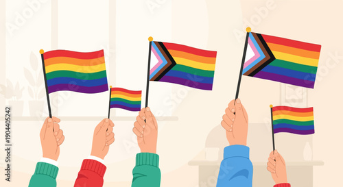 Diverse hands hold rainbow and pride flags, celebrating community and diversity
