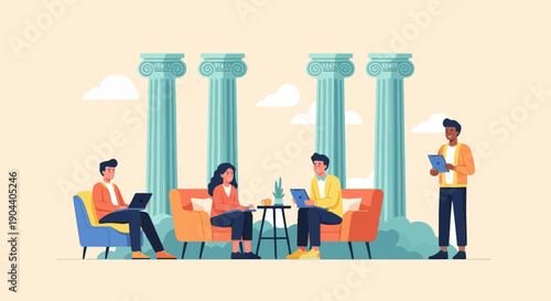 Diverse group collaborating digitally near classical pillars