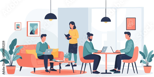 Diverse group collaborating in a modern, stylish coworking space