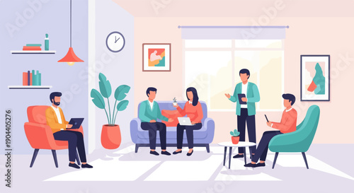 Diverse group collaborating in a modern, sunlit office space