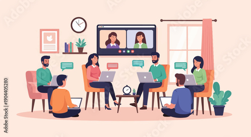 Diverse group collaborating remotely on laptops in a cozy office