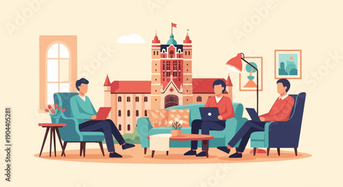 Diverse individuals collaborate and study using laptops in a cozy, modern lounge