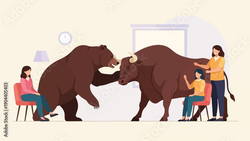 Diverse group observes bull and bear confrontation in a stylized indoor setting