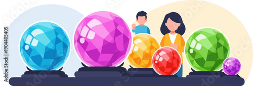 Diverse people observe multifaceted crystal balls in a whimsical, bright setting