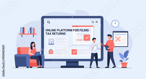 Diverse individuals engage with digital interface for tax filing