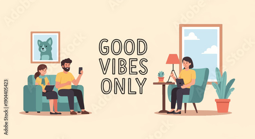 Diverse individuals relax in a cozy indoor setting with decorative elements and text