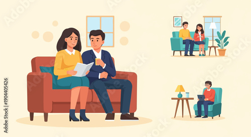 Diverse people relaxing, reading, and working on devices at home