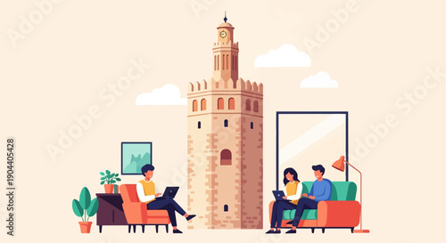 Diverse individuals relax indoors with laptops near iconic tower