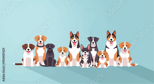 Diverse group of cartoon dogs sitting together in a line against a pale blue background