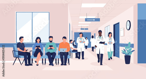 Diverse people wait in a hospital hallway while medical staff walk by