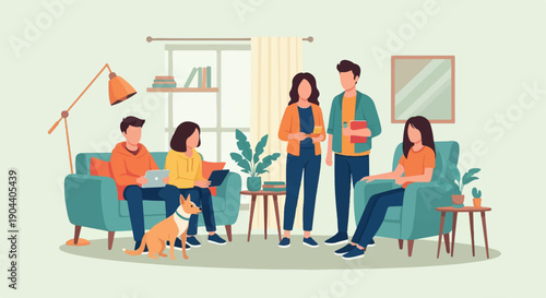 Diverse group of people and a dog gather in a cozy, modern living room setting