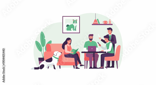 Diverse group of people and a dog in a modern living space collaborating
